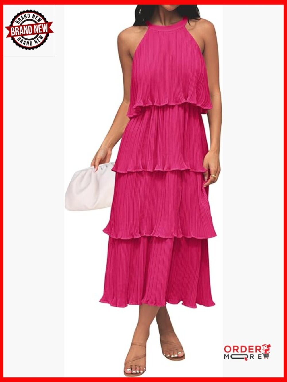Halter Neck Ruffle Tiered Chiffon Flowy Swing Midi Dress Sleeveless